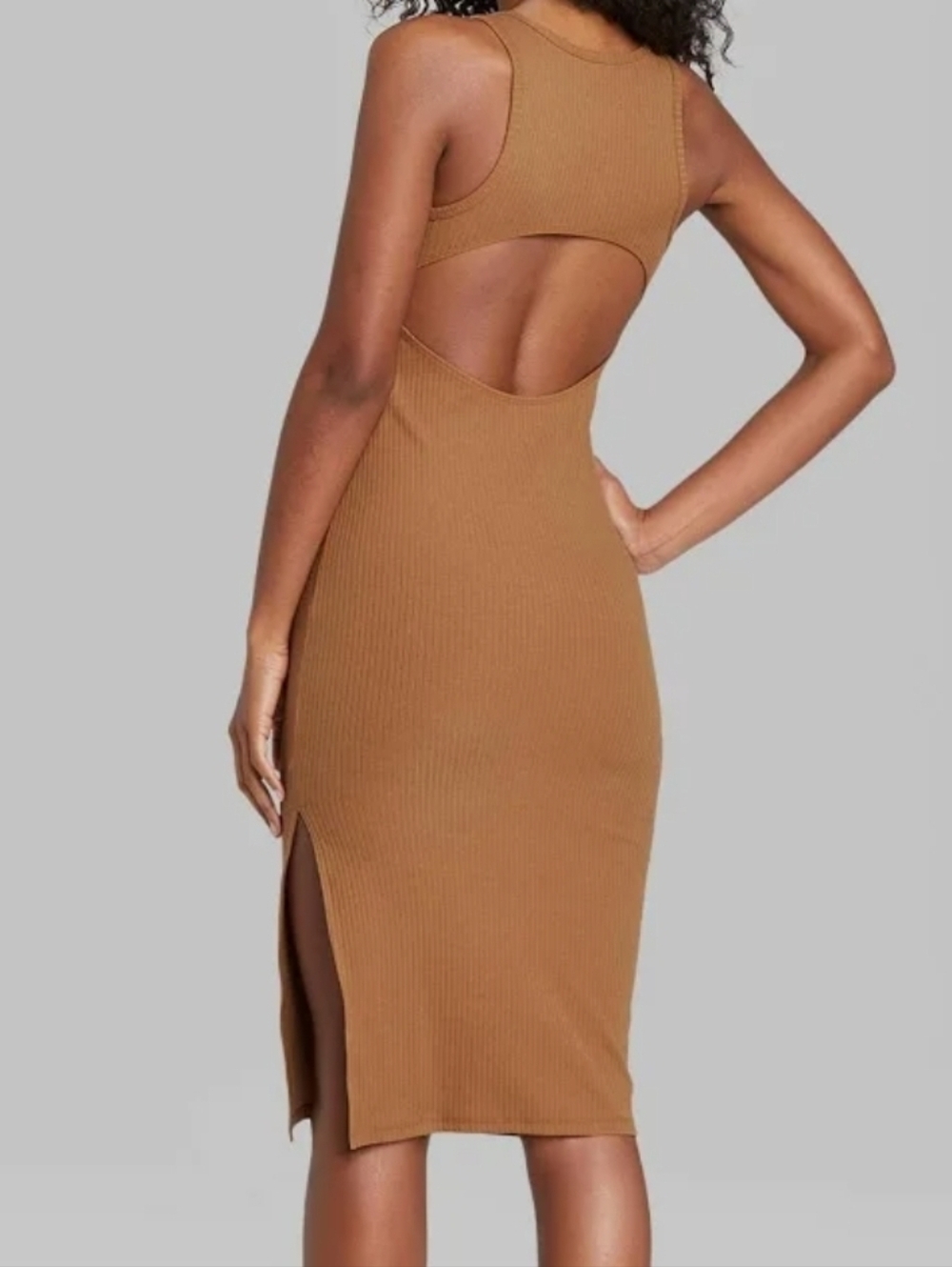 Ribbed Sleeveless/Open Back Midi Dress in Camel